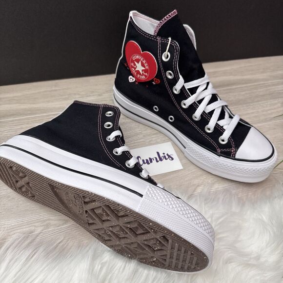 Converse by YOU Chuck Taylor Platform Lift Hi Women Shoe Sz 7.5 Black/Red Hearts - Picture 3 of 9